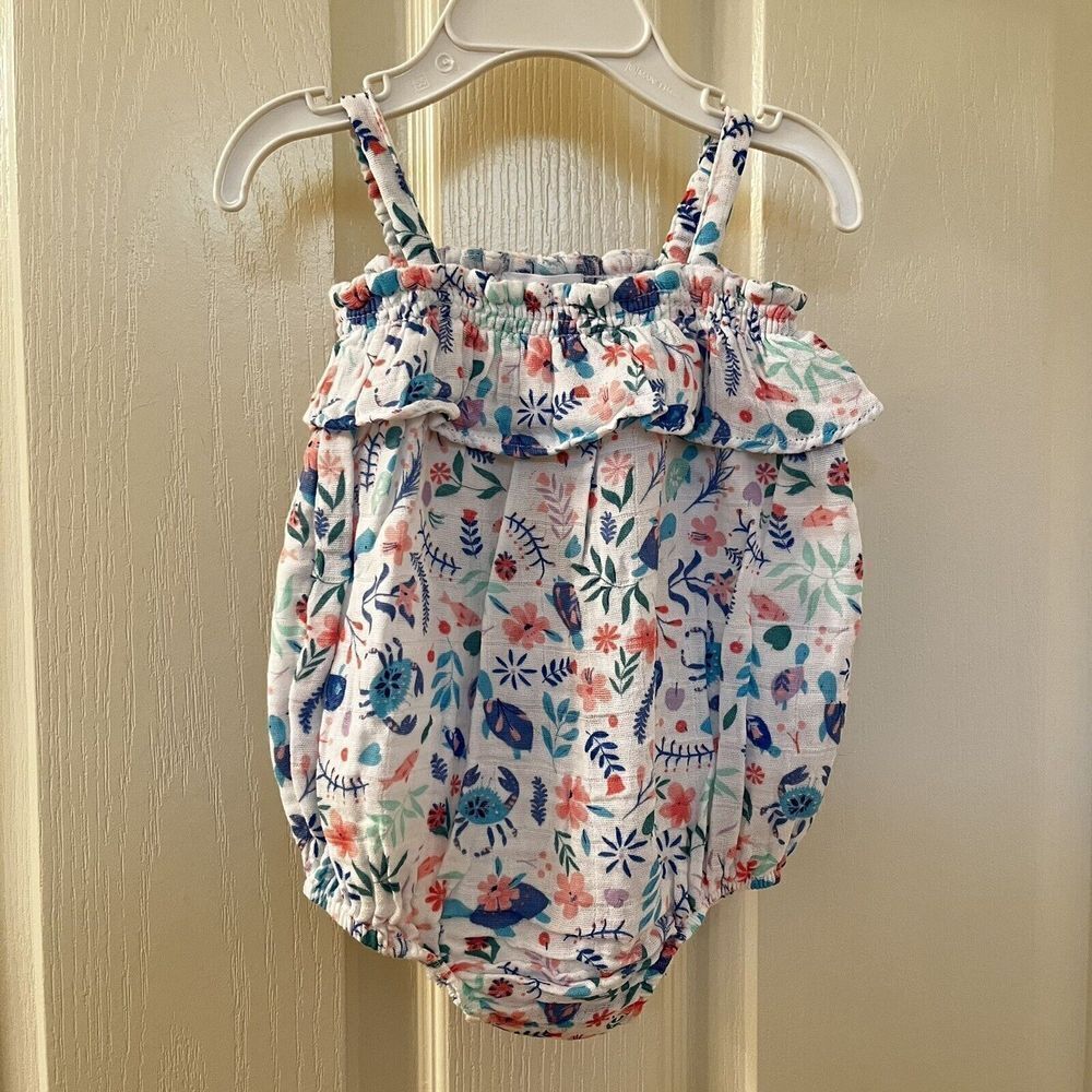 Angel Dear Sea Turtle Garden Ruffle Bubble Romper Organic Muslin 6-12 Months NWT